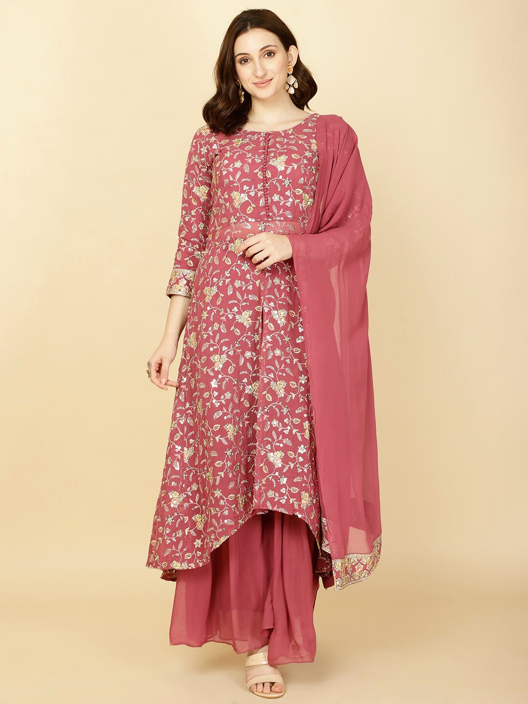 

Meena Bazaar Ethnic Motifs Embroidered Thread Work Anarkali Kurta With Trousers & Dupatta, Pink