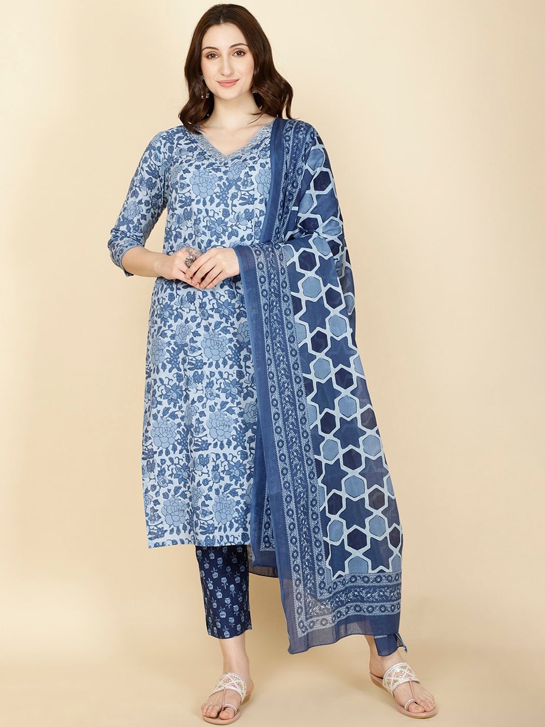 

Meena Bazaar Floral Printed Straight Kurta with Trousers & Dupatta, Blue