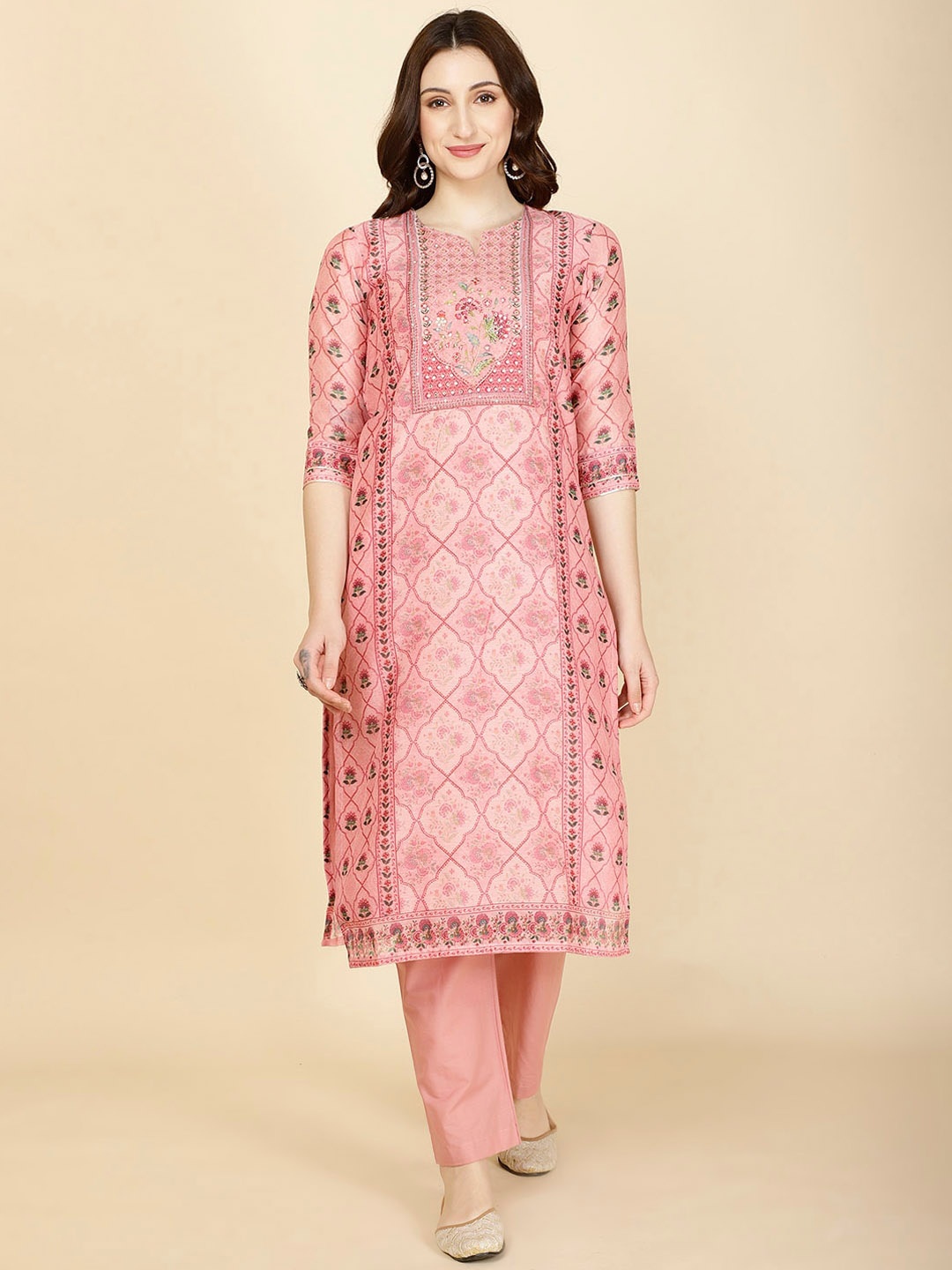 

Meena Bazaar Ethnic Motifs Printed Kurta With Trouser, Peach