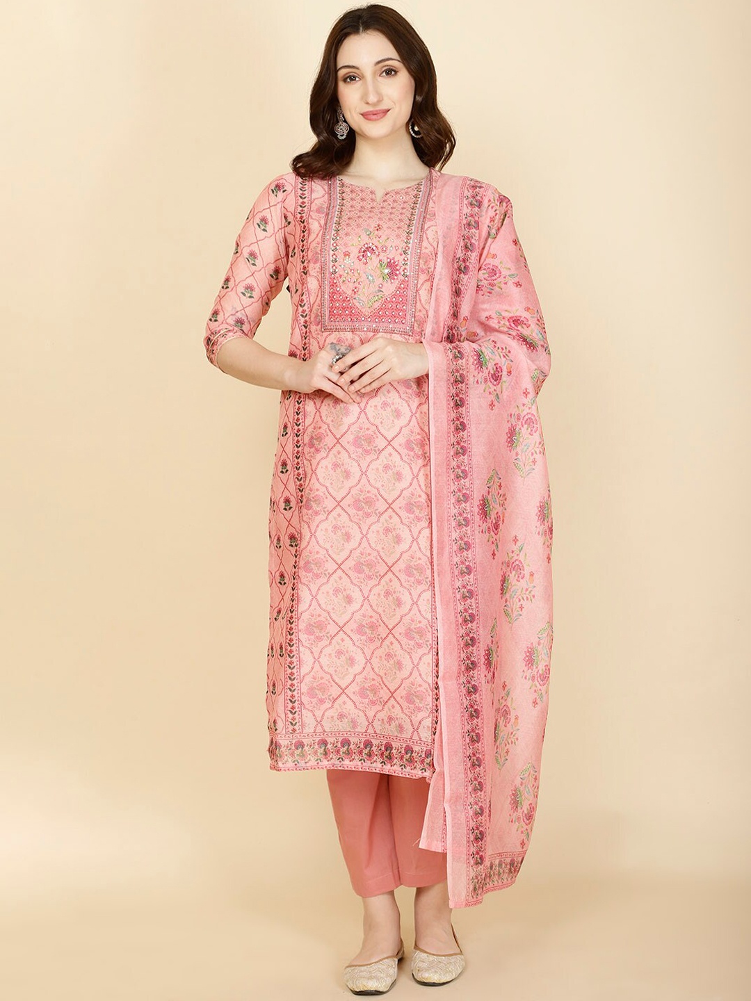 

Meena Bazaar Ethnic Motifs Printed Regular Sequinned Kurta Set With Dupatta, Pink