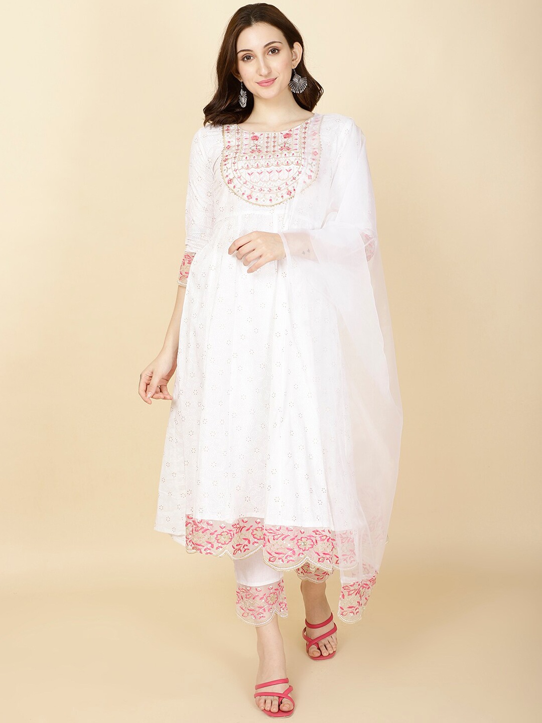 

Meena Bazaar Floral Printed Thread Work Anarkali Kurta with Trousers & Dupatta, Cream