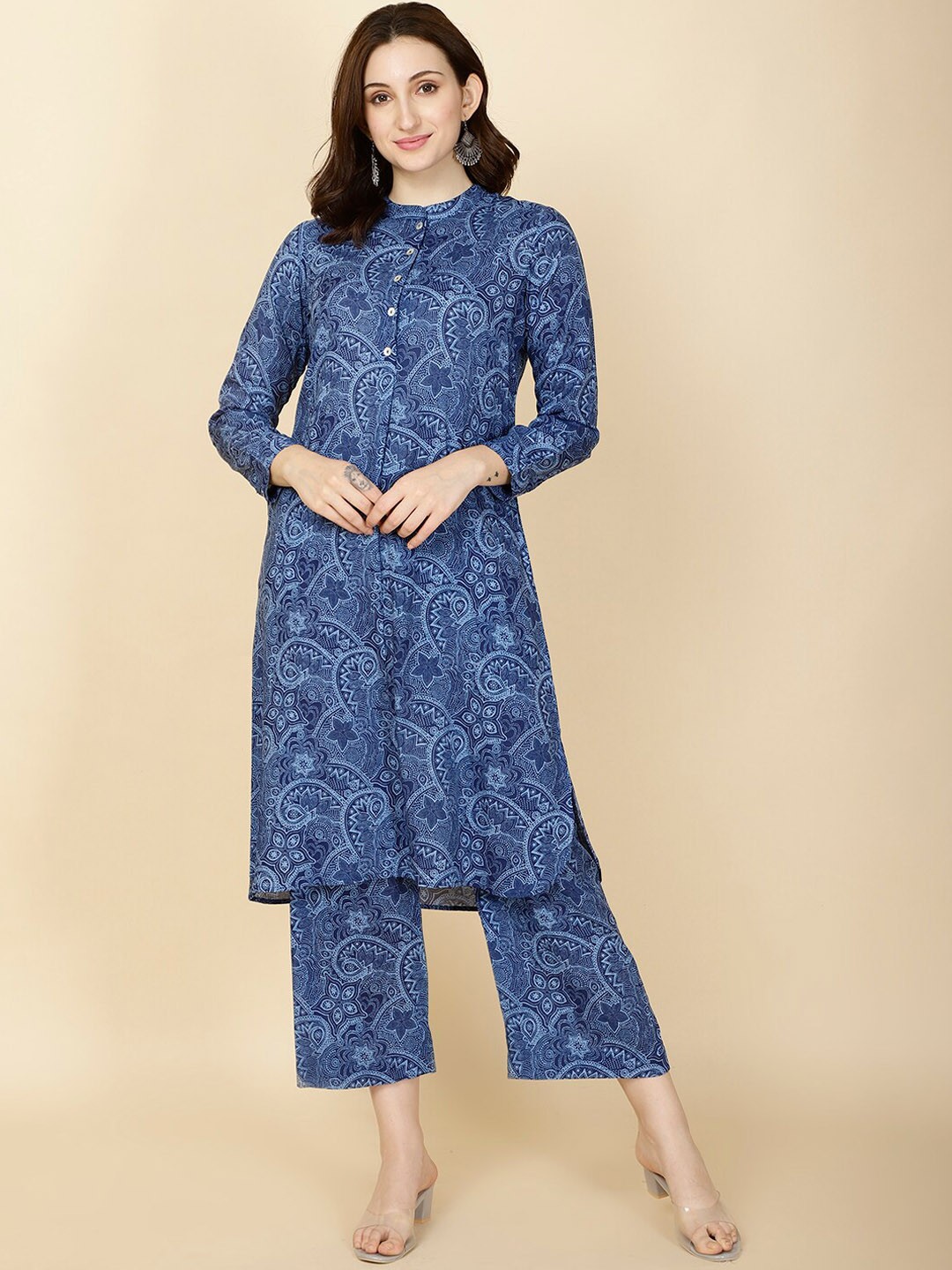 

Meena Bazaar Ethnic Motifs Printed Band Collar Regular Kurta with Trousers, Blue