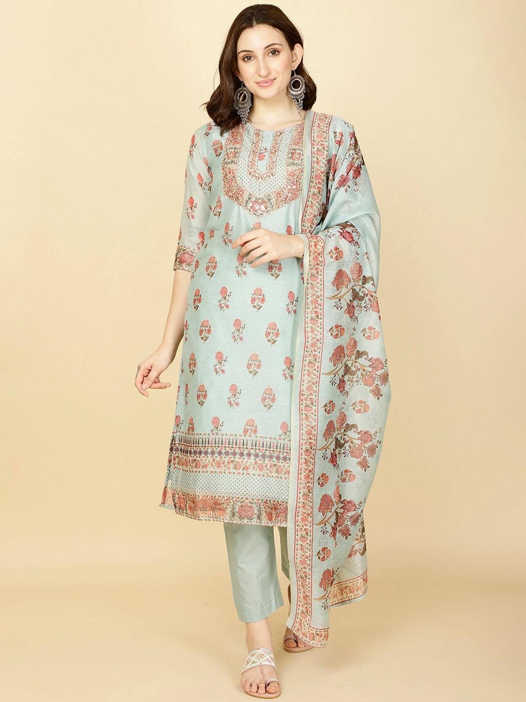 

Meena Bazaar Floral Printed Sequinned Regular Kurta With Trousers & Dupatta, Sea green