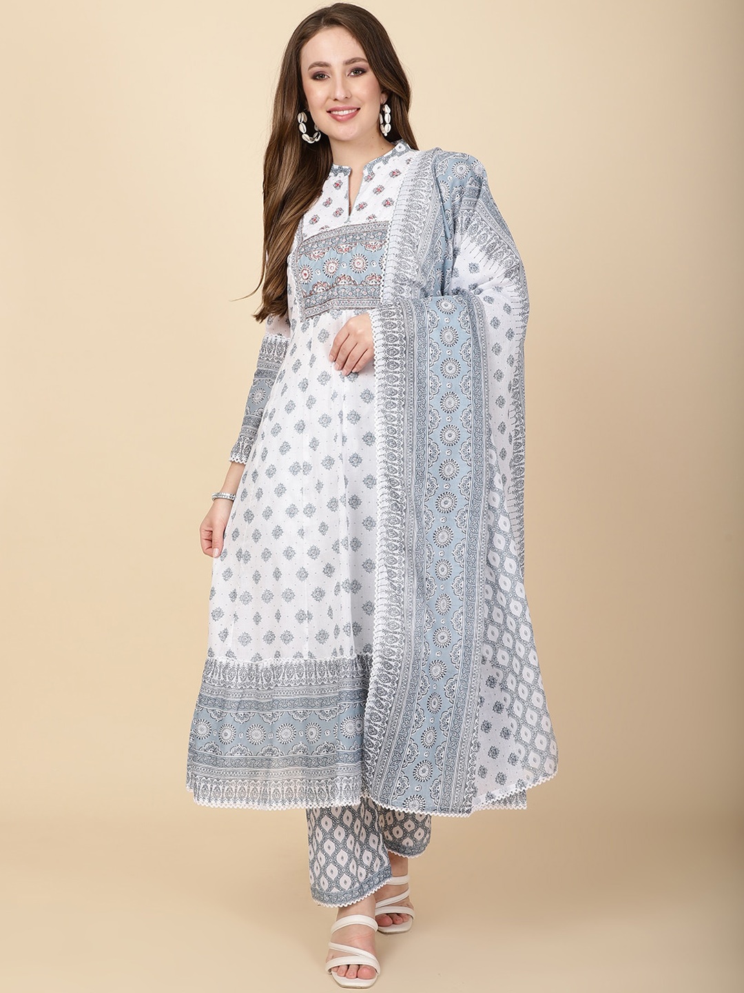 

Meena Bazaar Floral Printed Regular Anarkali Kurta With Trousers & Dupatta, Cream
