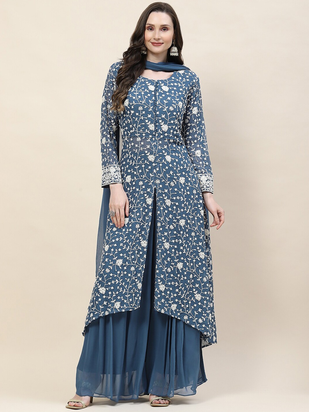 

Meena Bazaar Women Floral Embroidered A-Line Kurta With Trousers & Dupatta, Blue