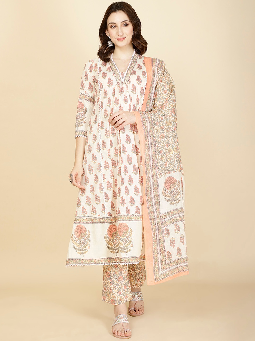 

Meena Bazaar Floral Printed V-Neck Anarkali Kurta With Trousers & Dupatta, Cream