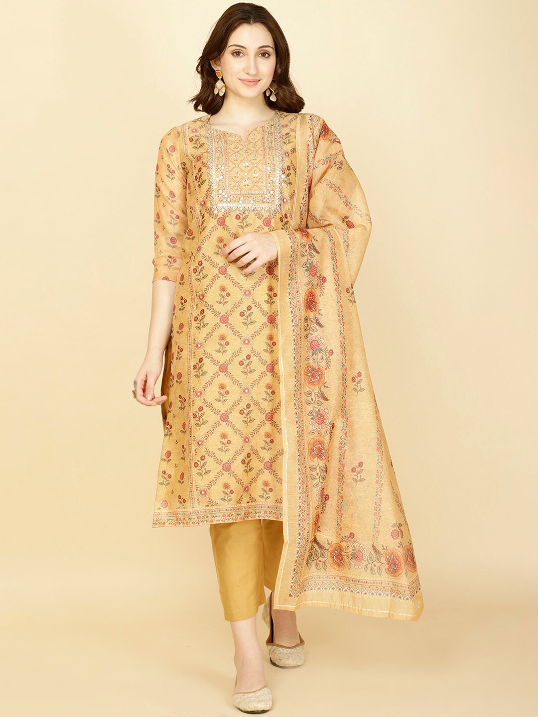 

Meena Bazaar Floral Printed Mirror Work Straight Kurta with Trousers & Dupatta, Yellow