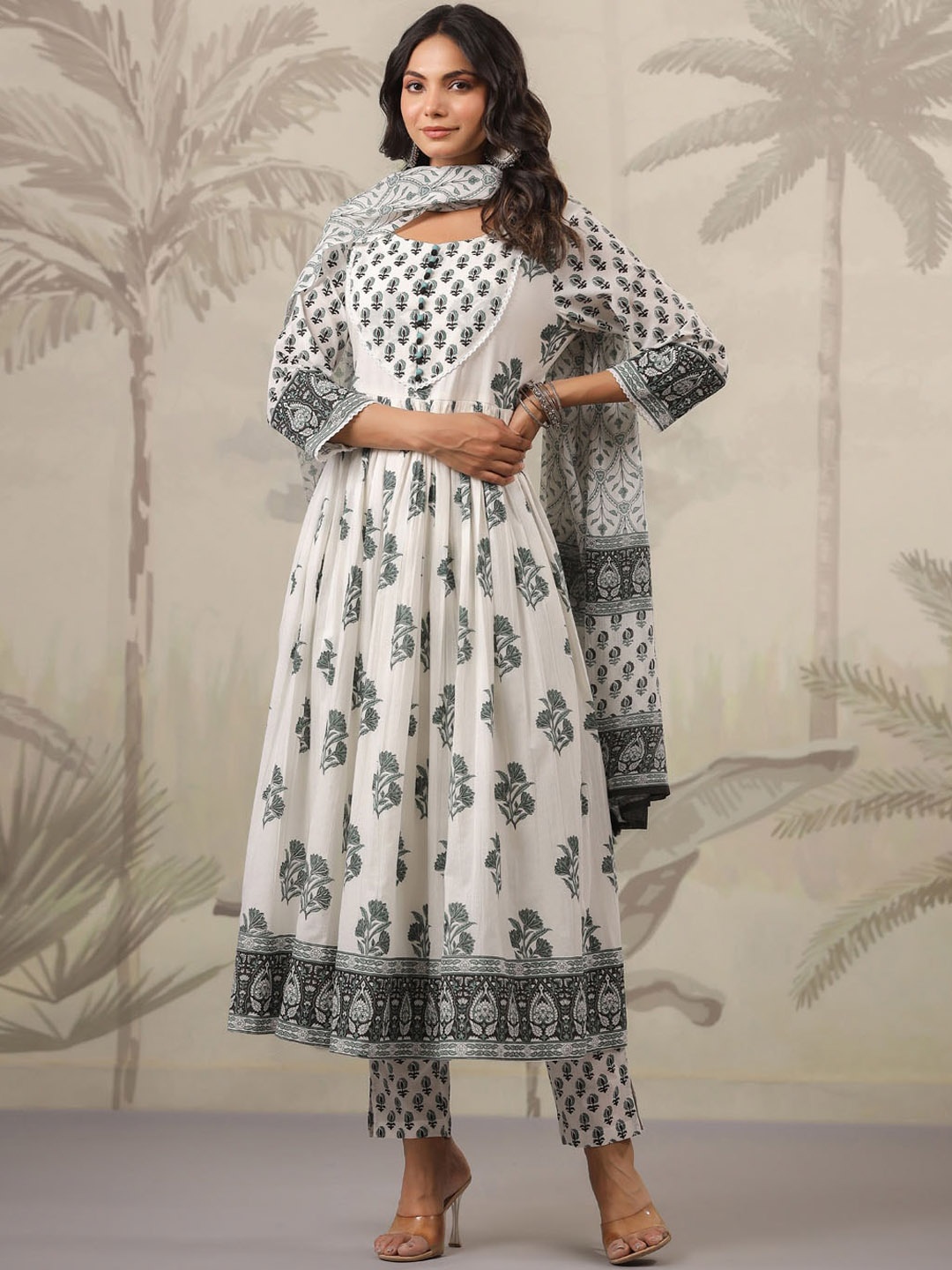 

Meena Bazaar Ethnic Motifs Printed Kurta With Trouser & Dupatta, Cream