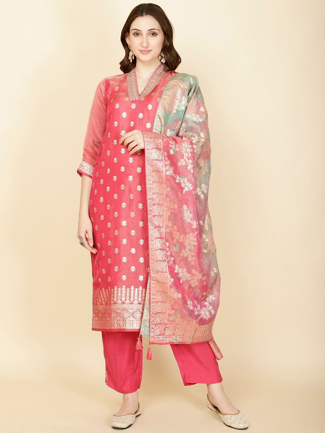 

Meena Bazaar Floral Woven Design Kurta with Trousers & Dupatta, Pink