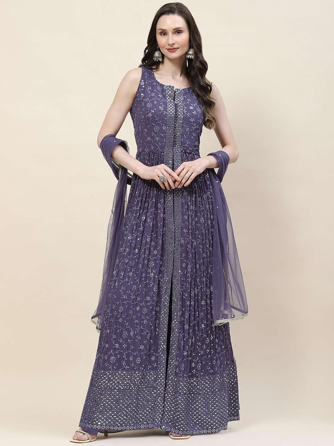 

Meena Bazaar Floral Embroidered Regular Sequinned Kurta with Palazzos & With Dupatta, Purple