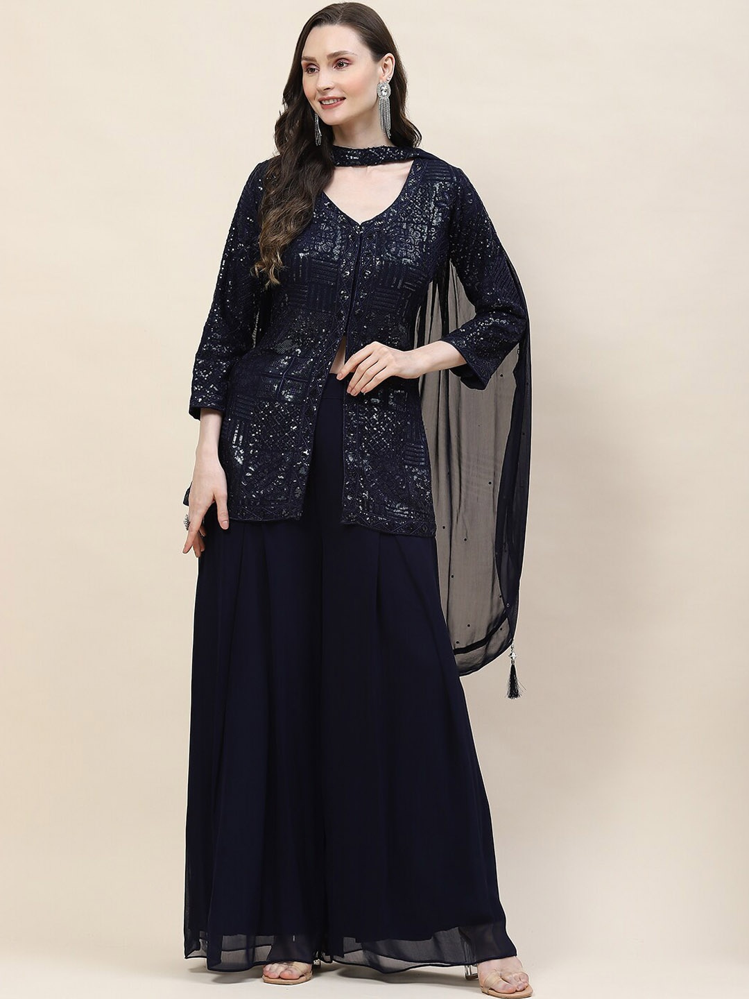 

Meena Bazaar Ethnic Motifs Embroidered Sequinned Kurta with Palazzos & With Dupatta, Navy blue