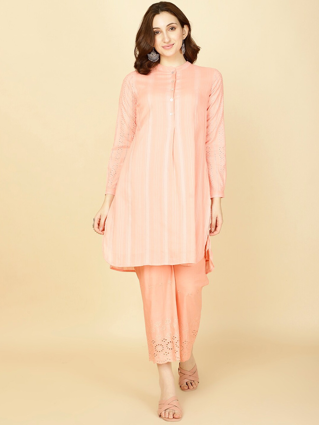 

Meena Bazaar Striped Mandarin Collar Long Sleeves Kurta with Trousers, Pink