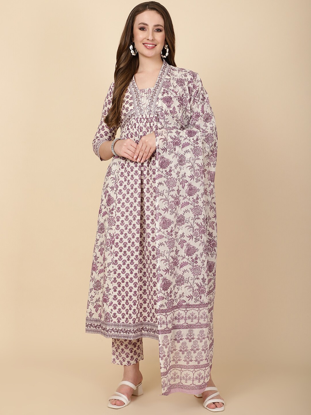 

Meena Bazaar Floral Printed A-Line Kurta with Trousers & Dupatta, Purple