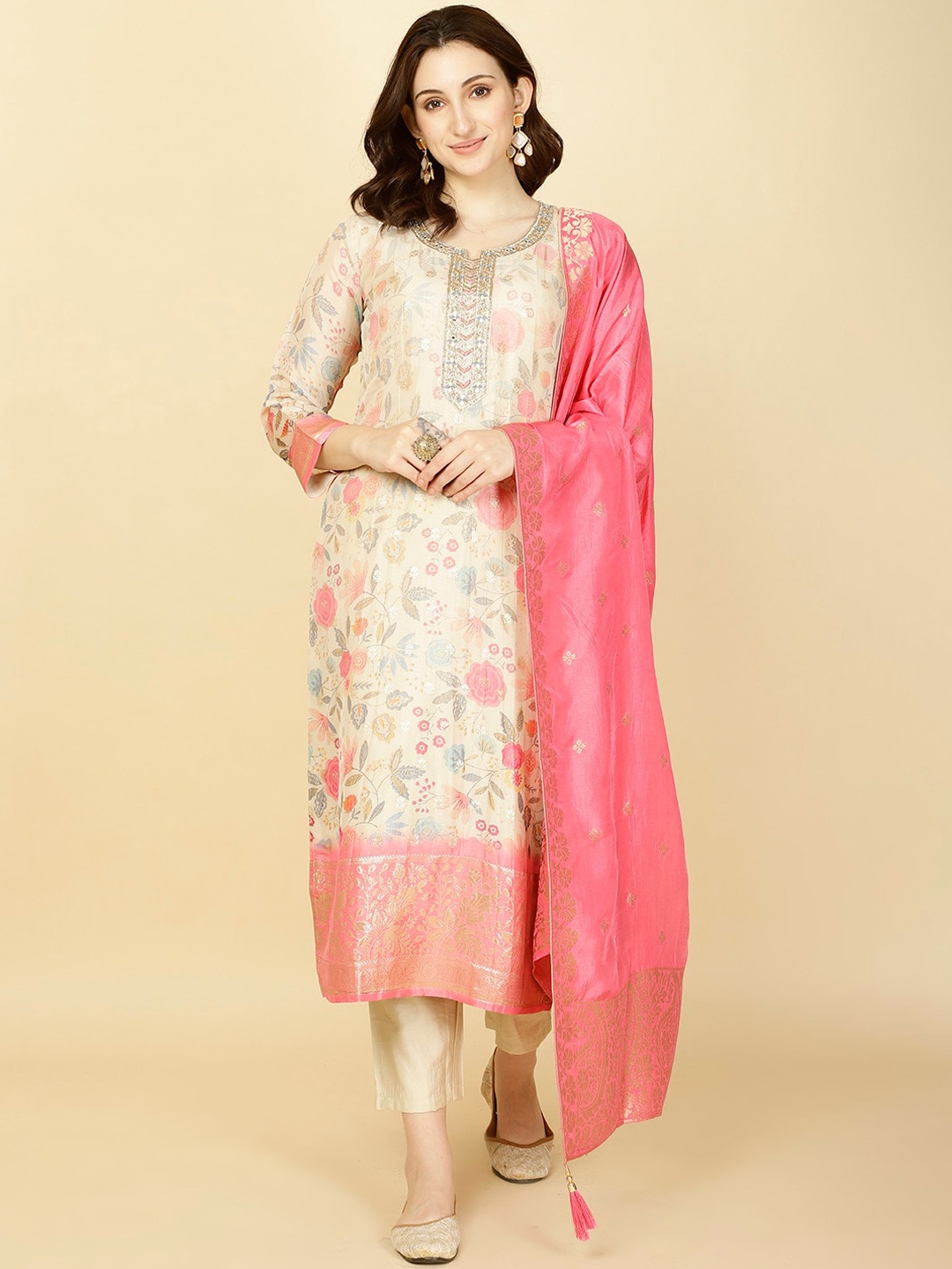 

Meena Bazaar Floral Printed Straight Kurta with Trousers & Dupatta, Cream