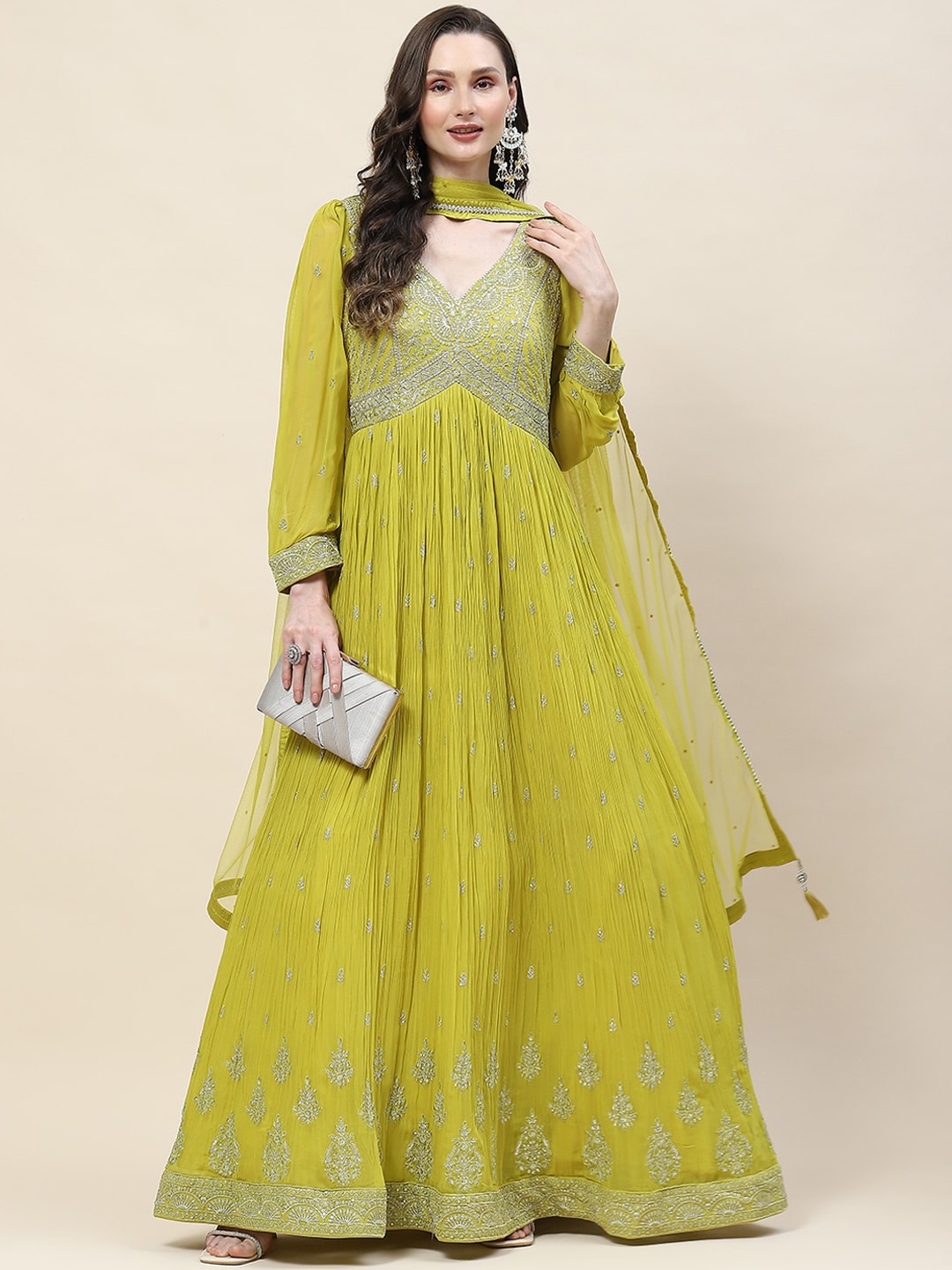 

Meena Bazaar Embellished Georgette Fit & Flare Maxi Ethnic Dress With Dupatta, Lime green