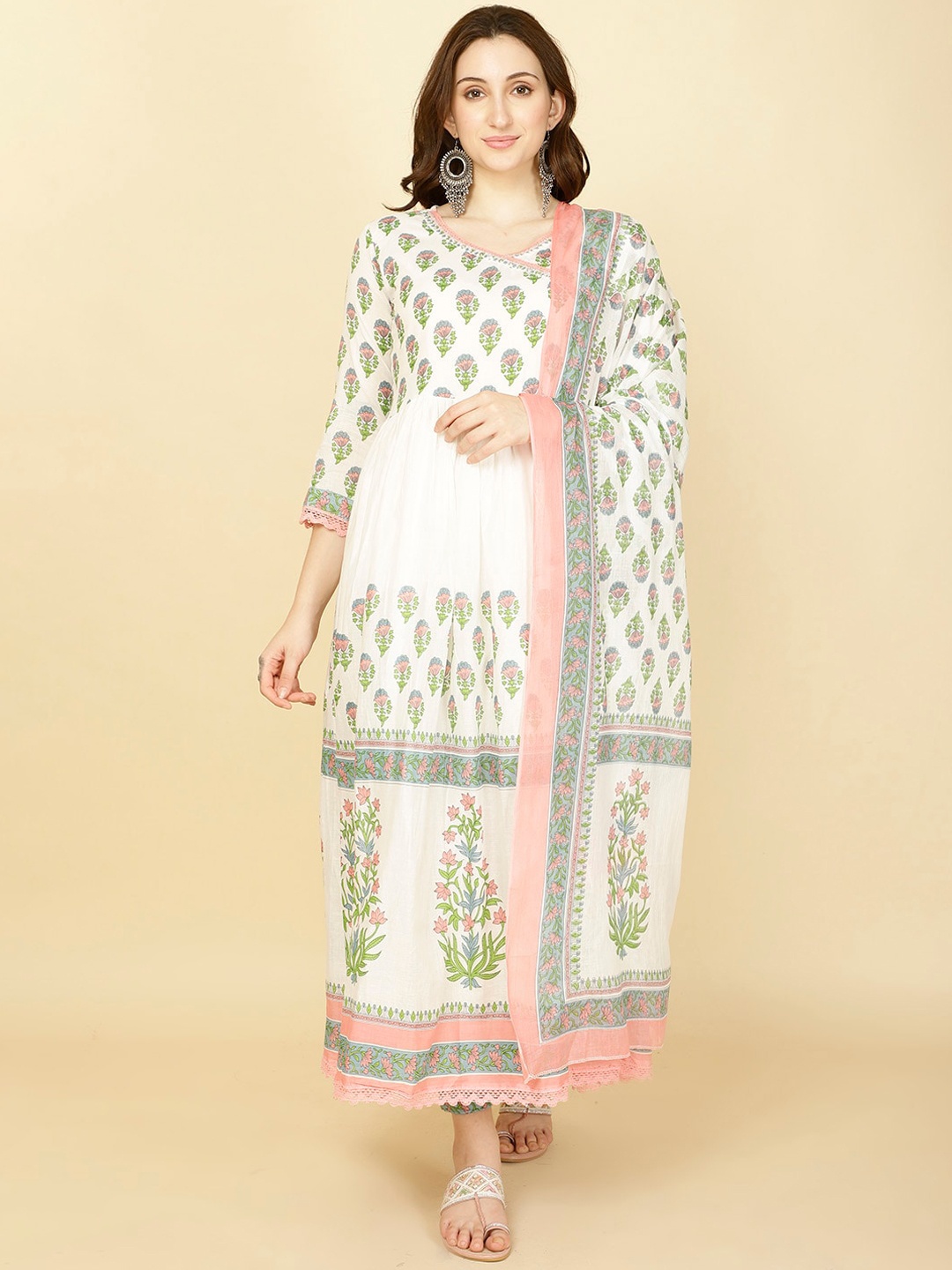

Meena Bazaar Ethnic Motifs Printed Kurta With Trouser & Dupatta, Cream