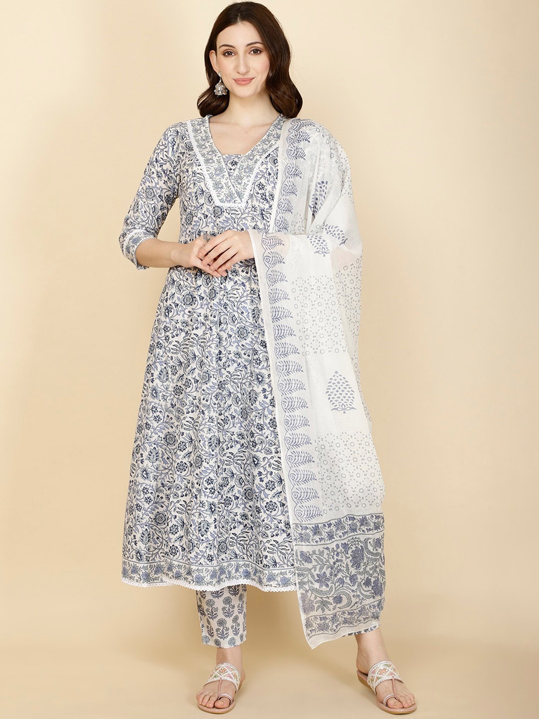 

Meena Bazaar Floral Printed Pure Cotton Anarkali Kurta with Trousers & Dupatta, Cream