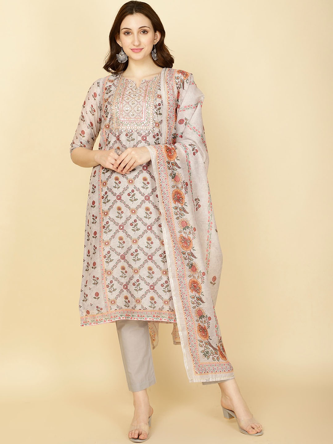 

Meena Bazaar Ethnic Motifs Printed Kurta With Trouser & Dupatta, Grey