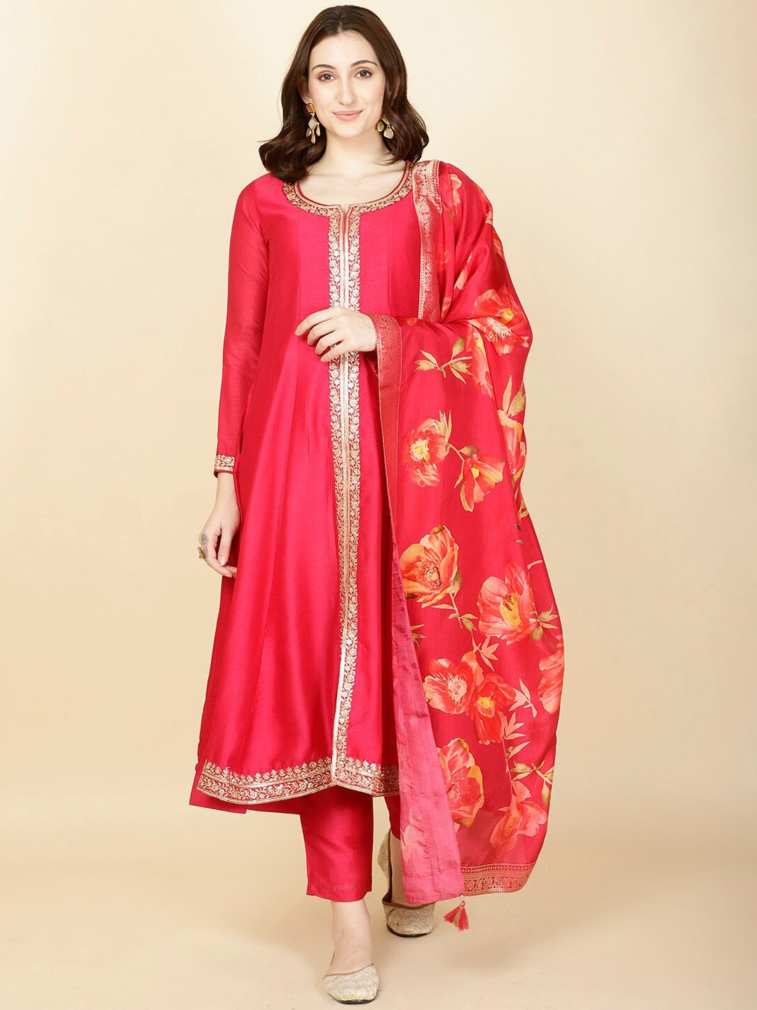 

Meena Bazaar Embroidered Regular Anarkali Kurta With Trousers & Dupatta, Pink