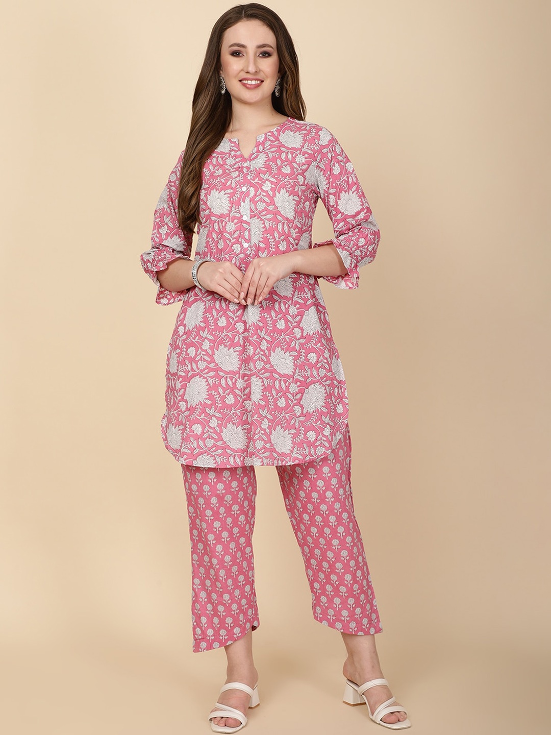 

Meena Bazaar Floral Printed Cotton Regular Kurta With Trouser, Pink