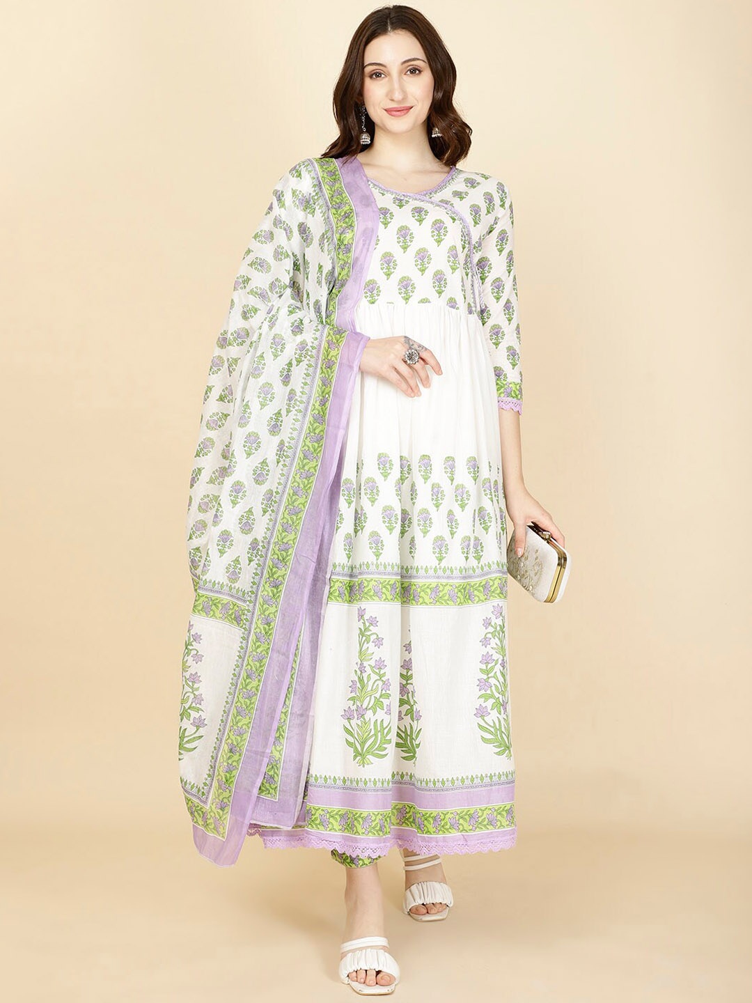 

Meena Bazaar Floral Printed Anarkali Kurta With Trousers & Dupatta, Cream