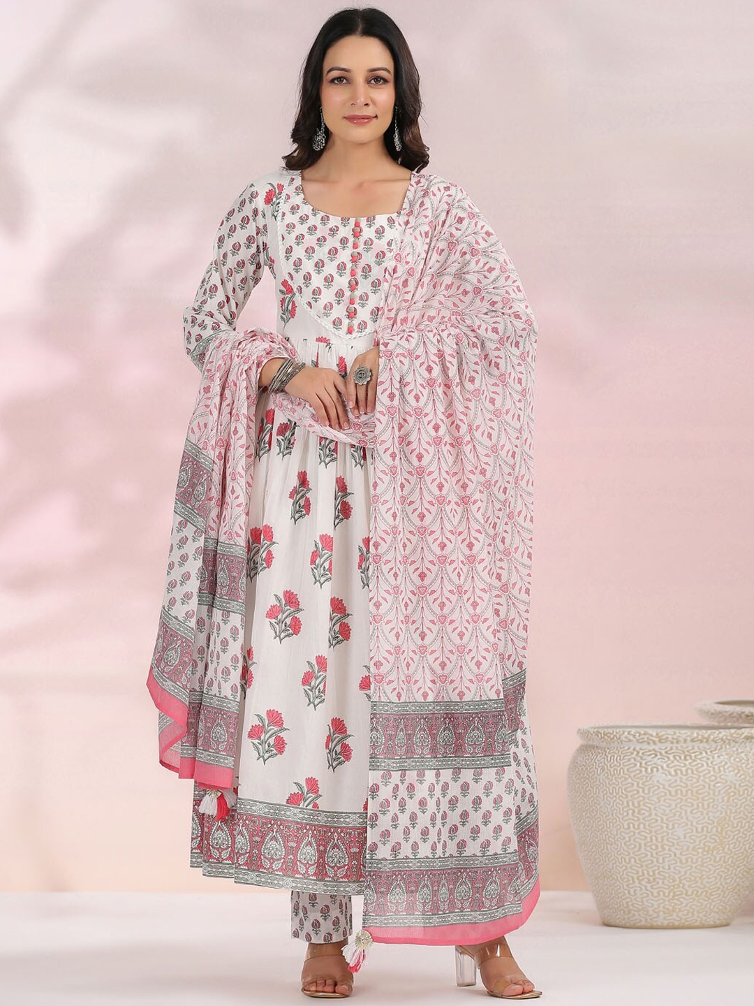 

Meena Bazaar Floral Printed Empire Anarkali Kurta With Trousers & Dupatta, Cream