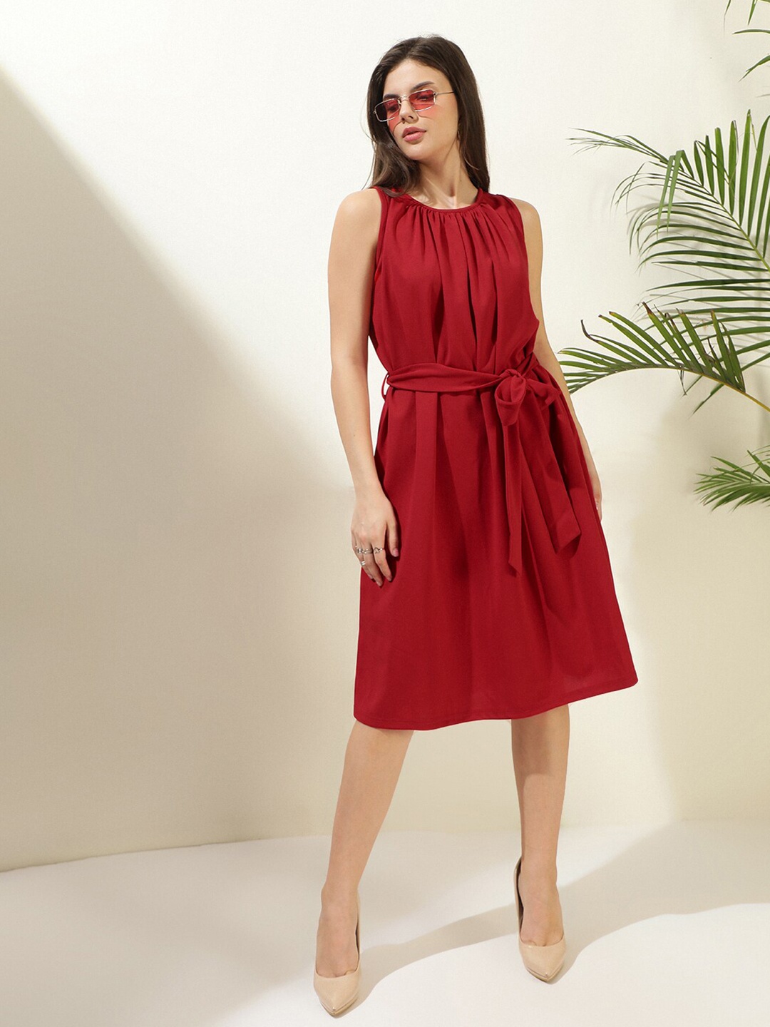 

Stylecast X Kotty Round Neck Sleeveless Gathered A-Line Dress, Maroon