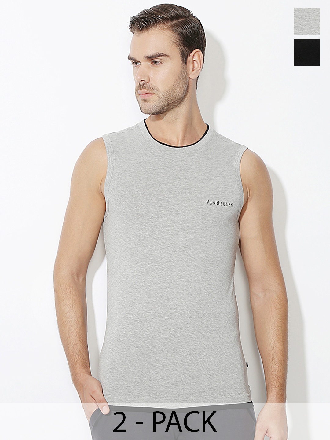 

Van Heusen Pack Of 2 Cotton Round Neck Innerwear Vests 10548222-1-2113554, Grey melange