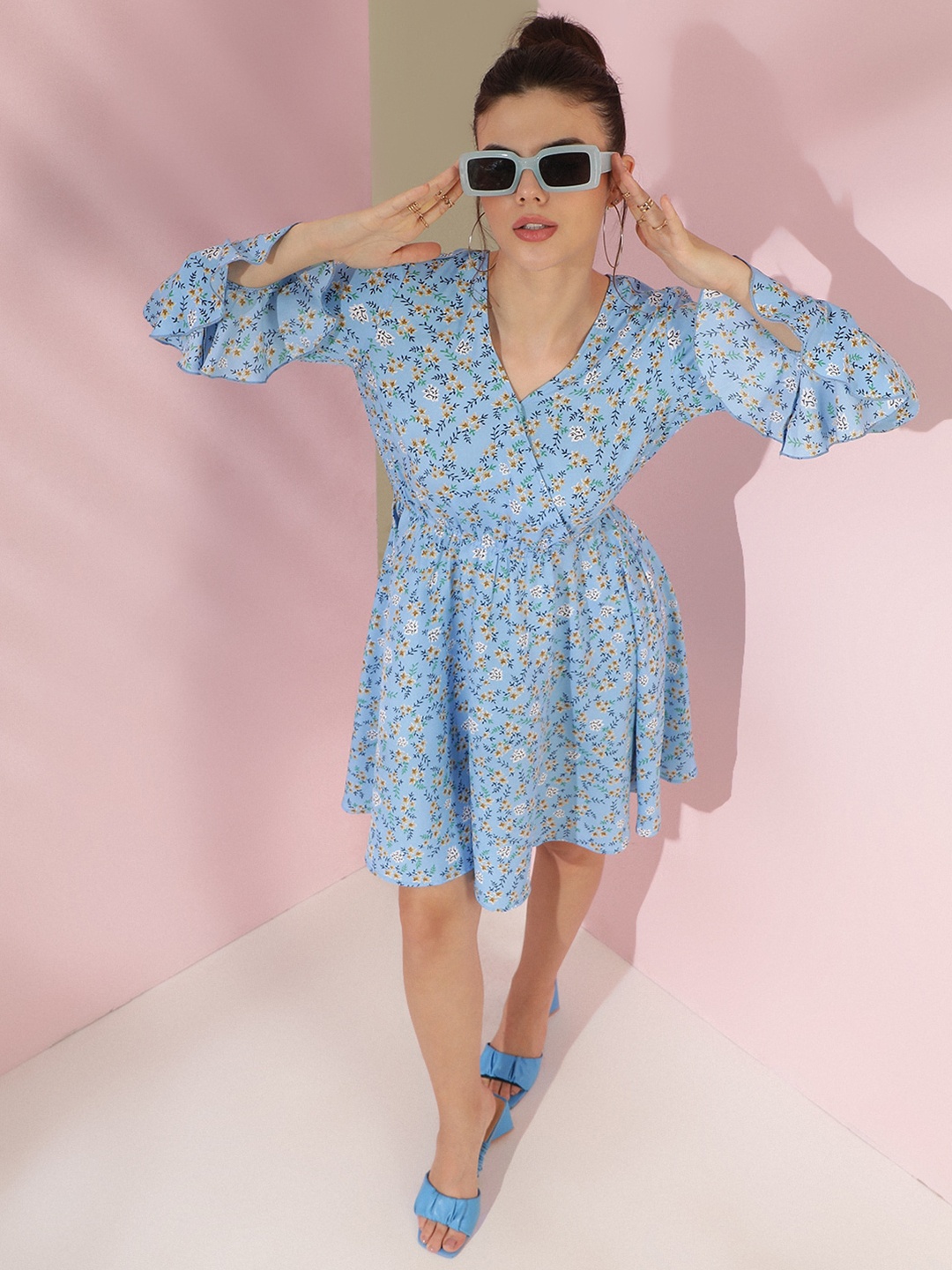 

Stylecast X Kotty Floral Printed Flared Sleeves Crepe Fit & Flare Dress, Blue