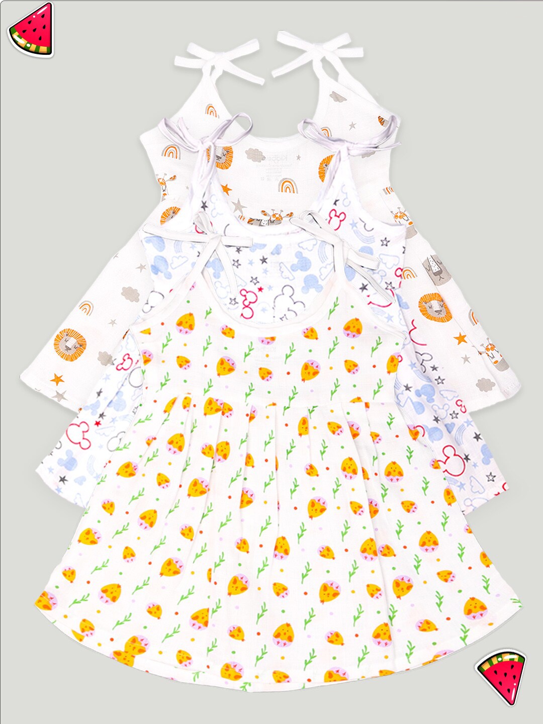 

Kidbea Infant Girls Pack Of 3 Conversational Printed Round Neck Cotton Fit & Flare Dress, White