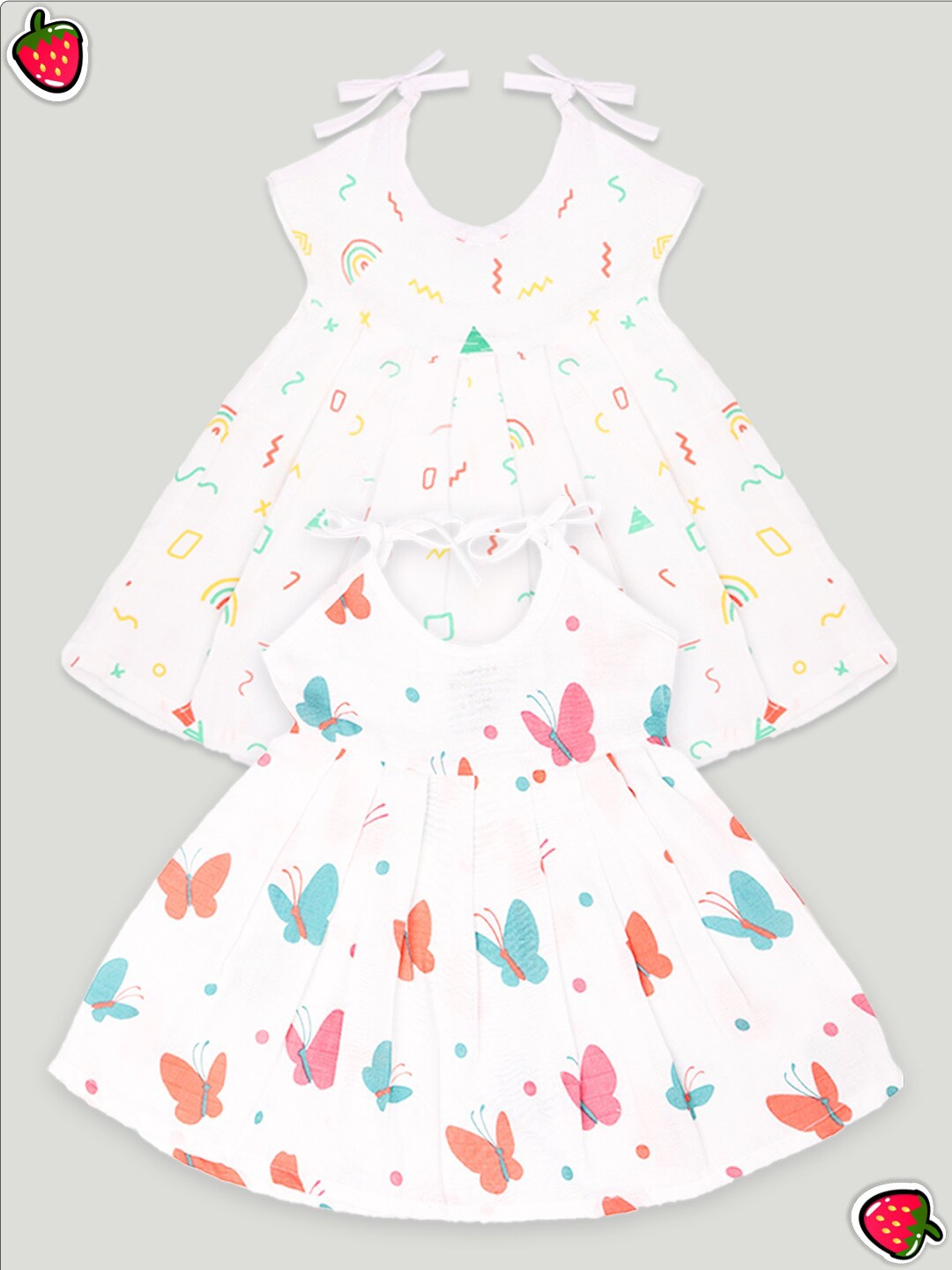 

Kidbea Infant Girls Pack Of 2 Conversational Printed Round Neck Cotton Fit & Flare Dress, White
