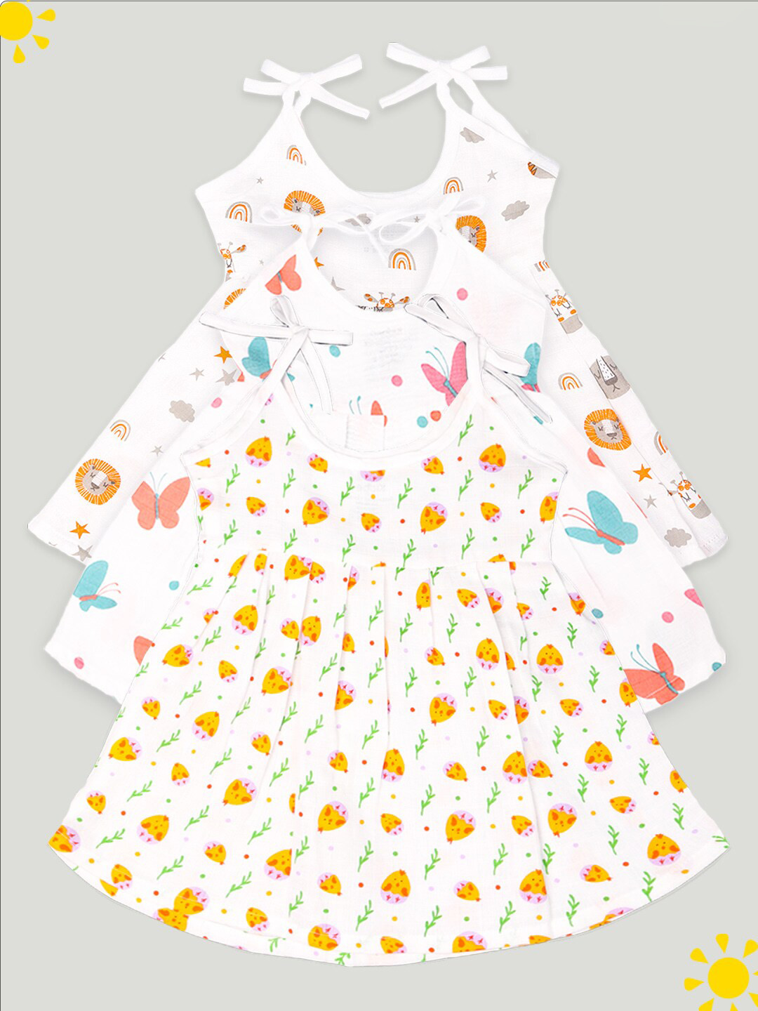

Kidbea Infant Girls Pack Of 3 Conversational Printed Round Neck Cotton Fit & Flare Dress, White