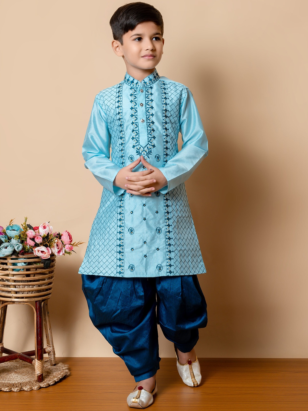 

BAESD Boys Embroidered Regular Thread Work Dupion Silk Kurta & Patiala, Turquoise blue