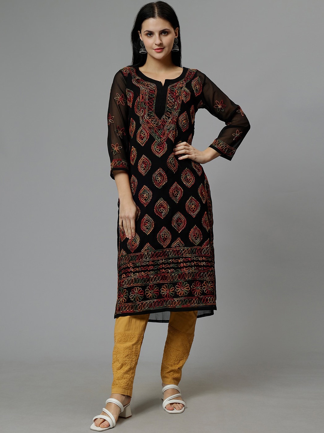 

Seva Chikan Ethnic Motifs Embroidered Straight Lucknowi Chikankari Kurta with Palazzos, Black