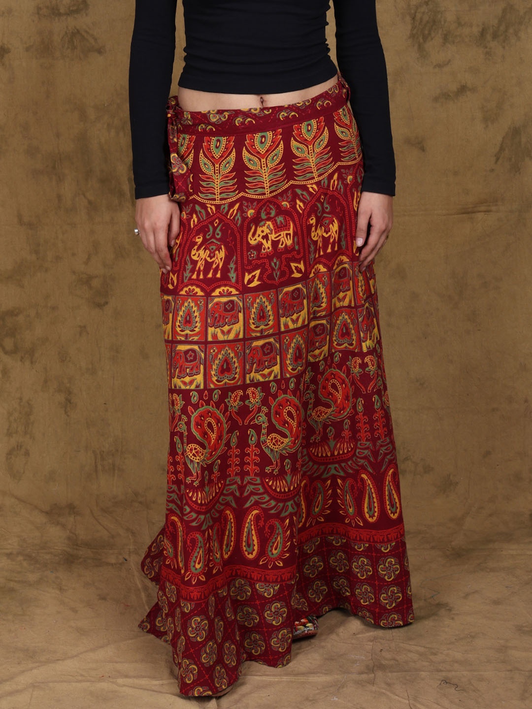 

Exotic India Elephants & Peacocks Printed Pure Cotton Sanganeri Long Skirt, Red