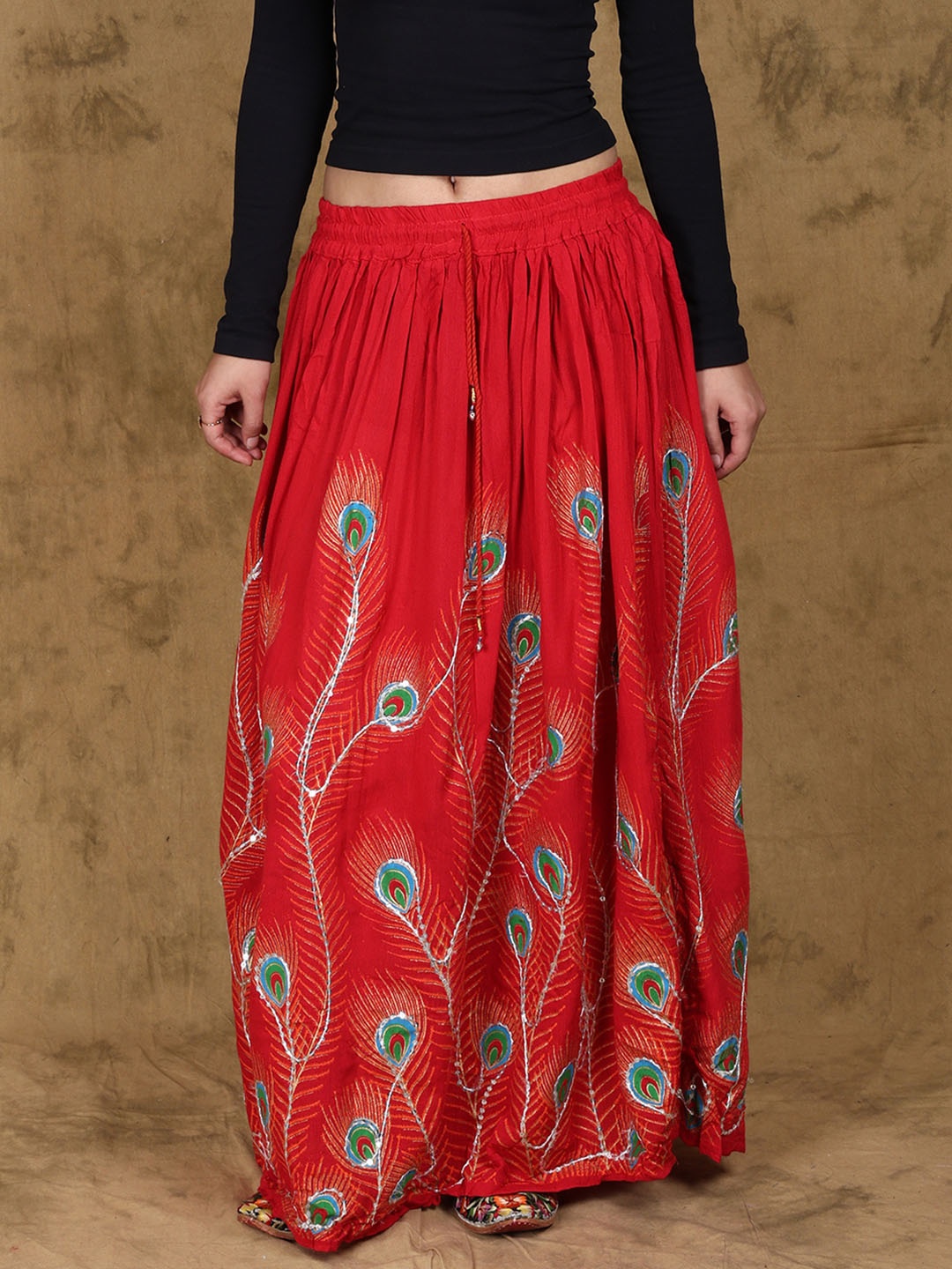 

Exotic India Printed A-Line Maxi Skirts, Red
