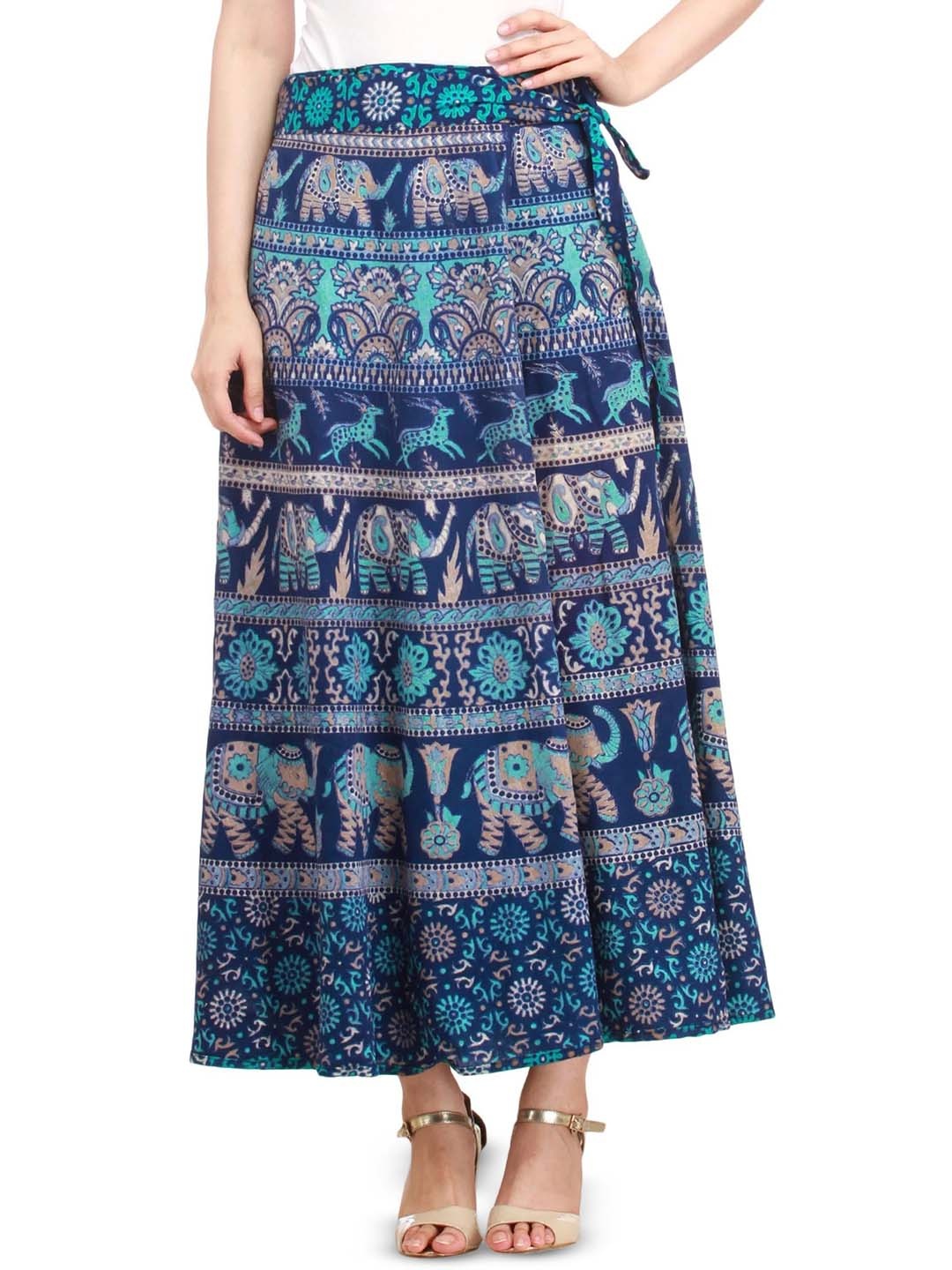 

Exotic India Printed Pure Cotton Wrap Maxi Skirts, Blue