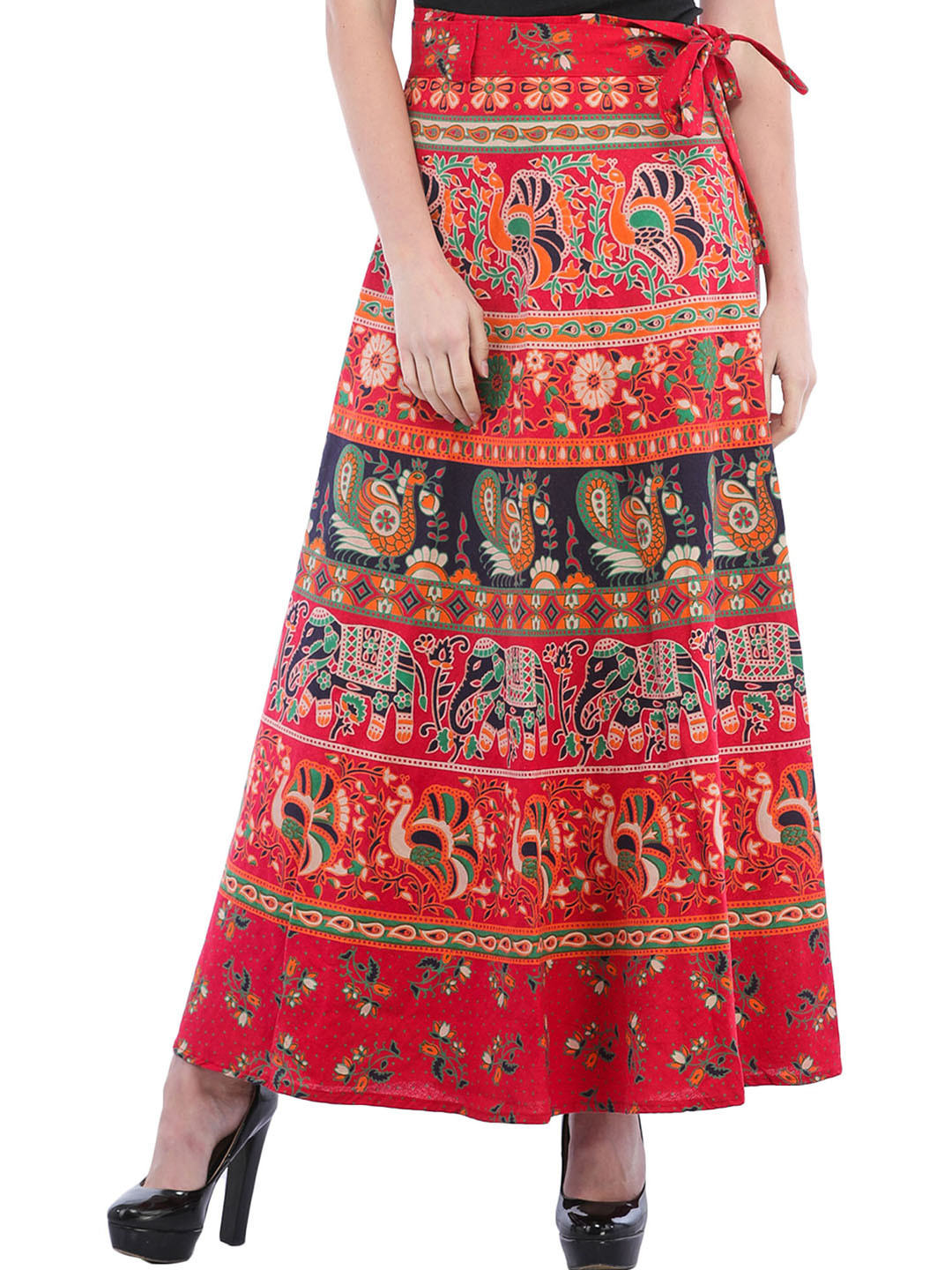 

Exotic India Paisleys & Elephants Printed Cotton Wrap-On Pilkhuwa Long-Skirt, Red