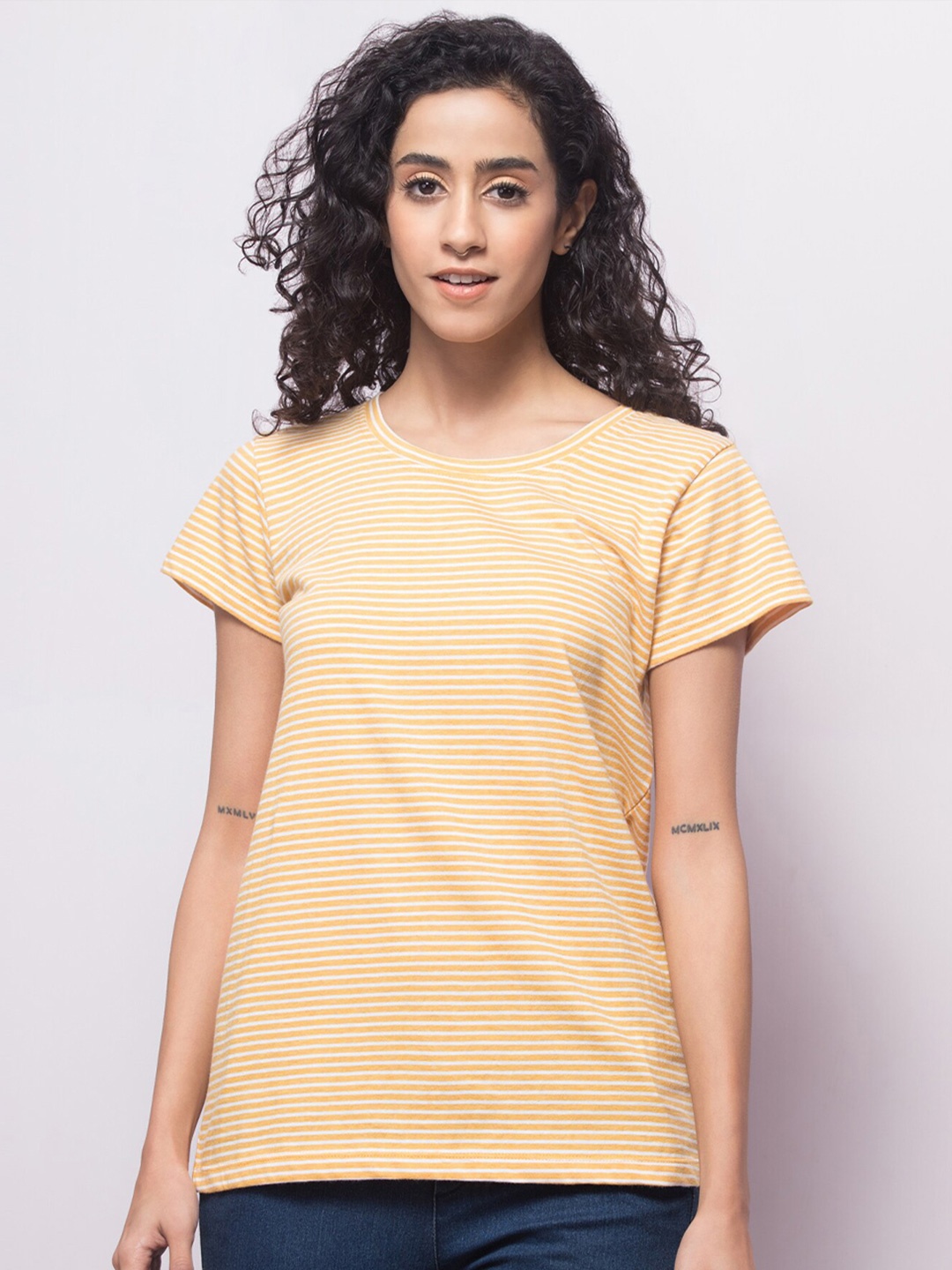 

BAESD Striped Round Neck Regular Sleeves Casual T-shirt, Yellow