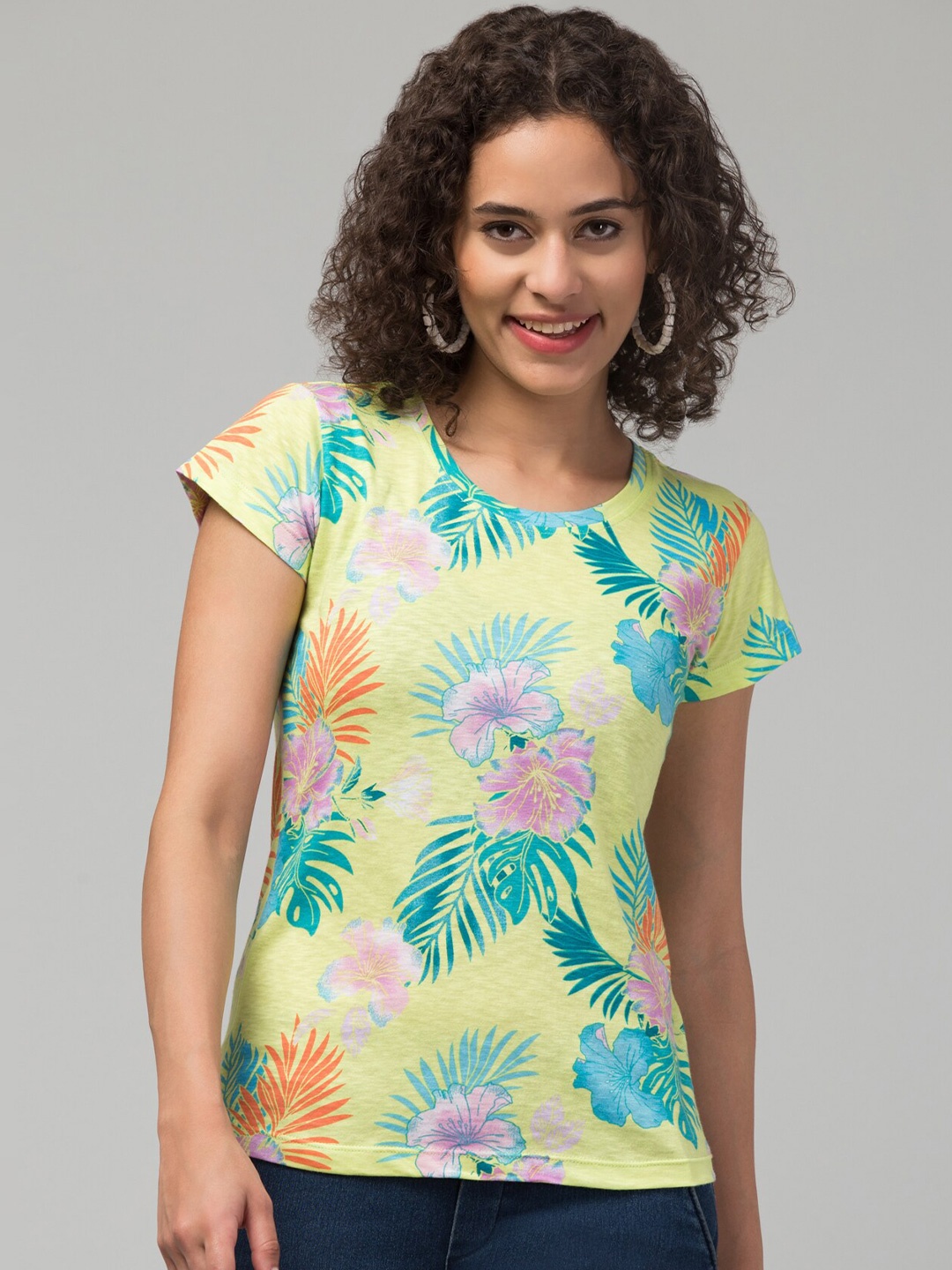 

BAESD Floral Printed Round Neck Short Sleeves Tropical T-shirt, Lime green