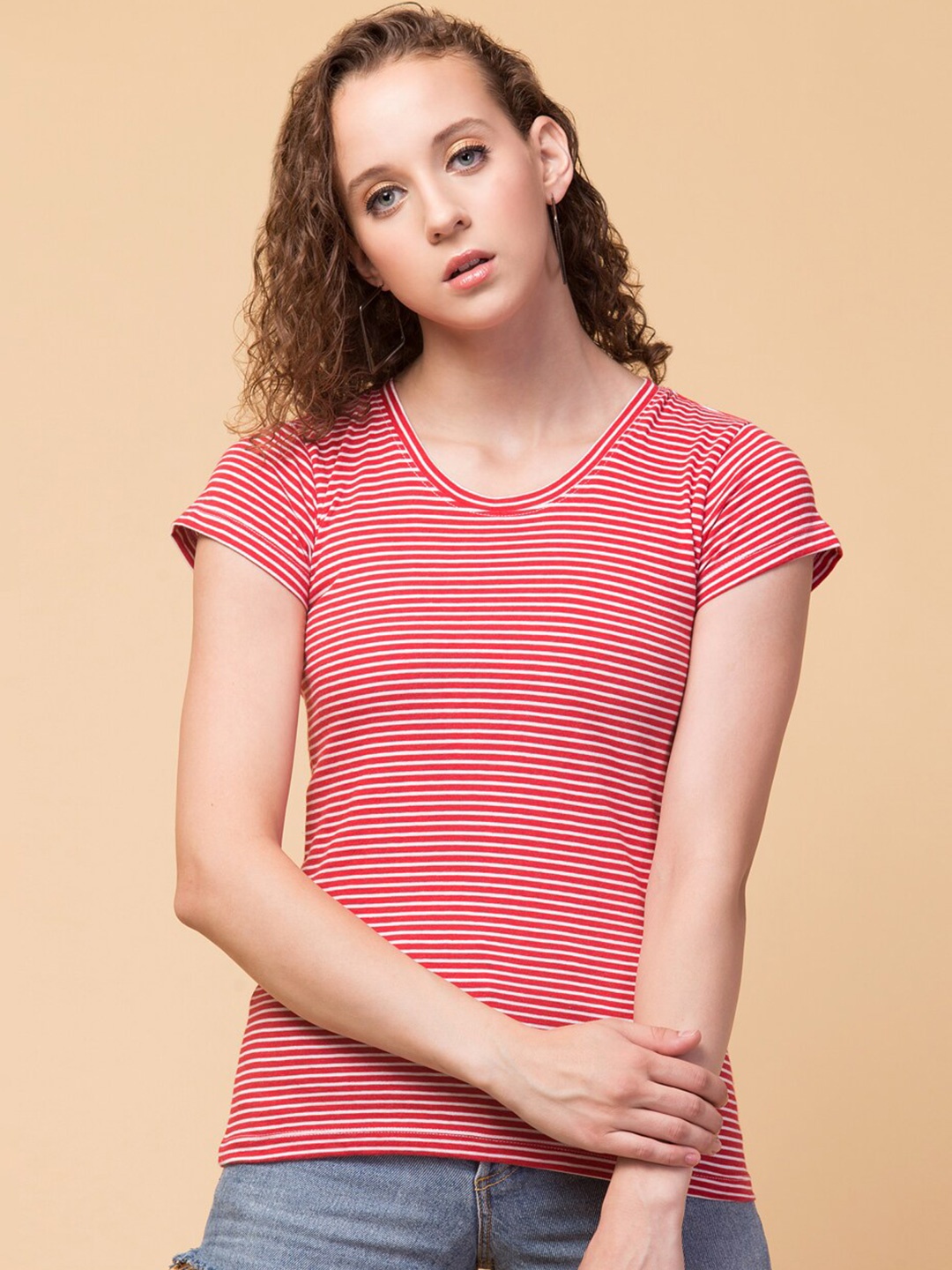 

BAESD Striped Round Neck Short Sleeves Casual Cotton T-shirt, Red