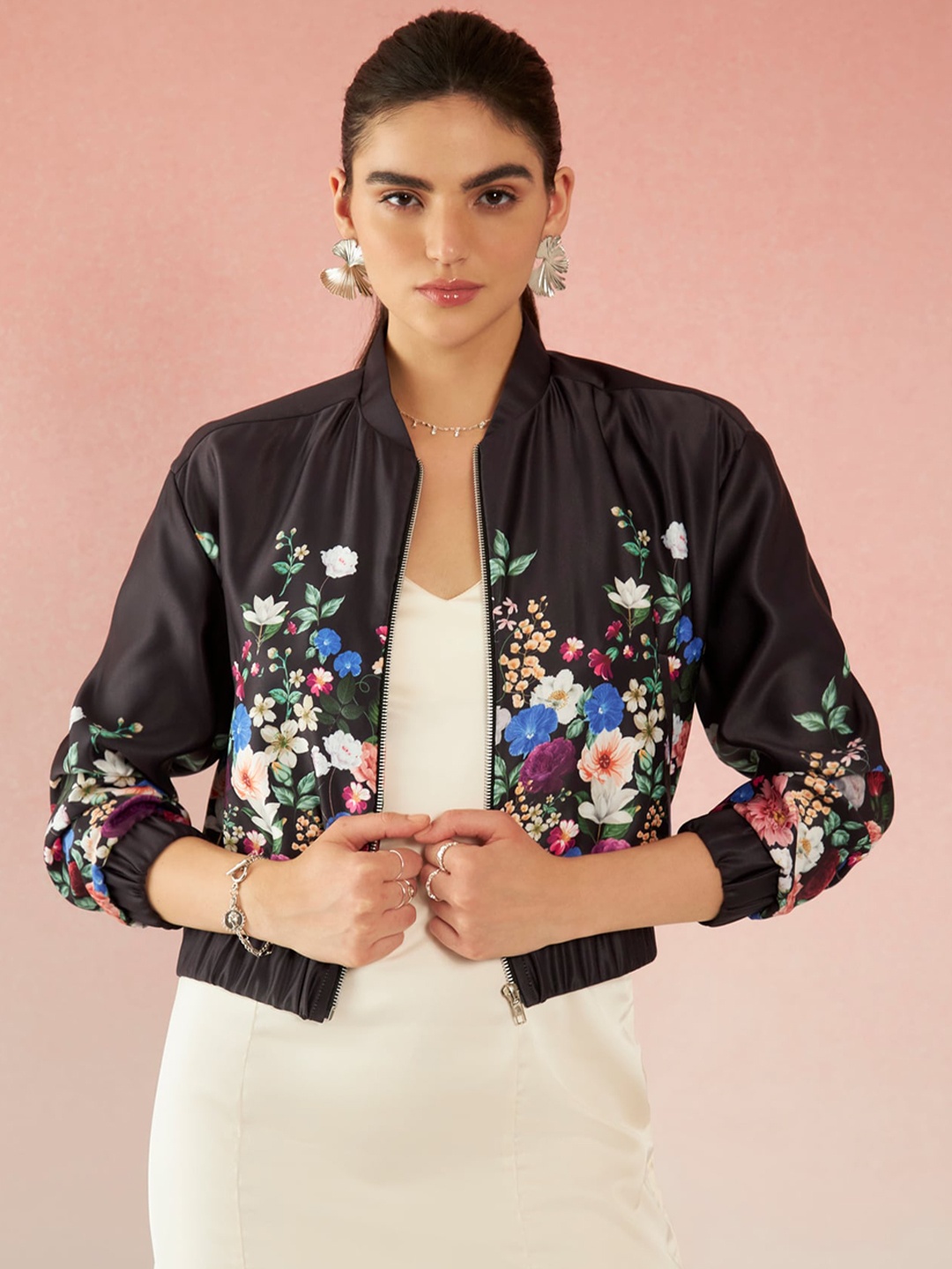 

Virgio Floral Printed Stand Collar Crop Bomber Jacket, Black