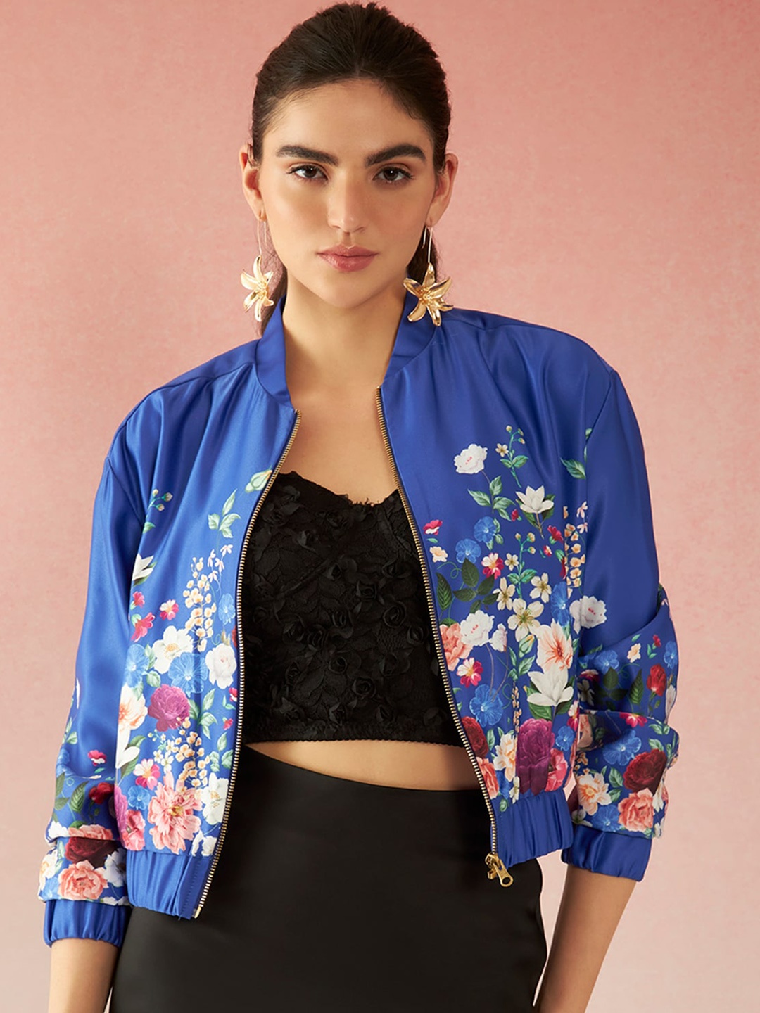 

Virgio Floral Printed Stand Collar Crop Bomber Jacket, Blue