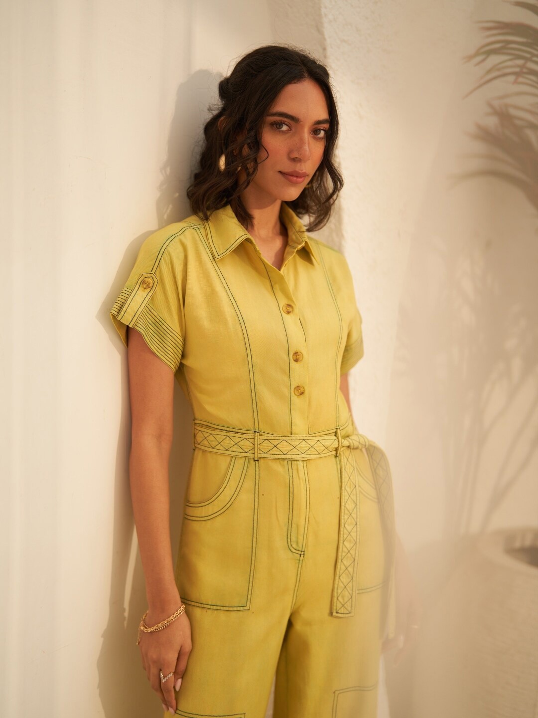 

Style Island Adele Shirt Collar Roll Up Sleeves Tencel Basic Jumpsuit, Yellow