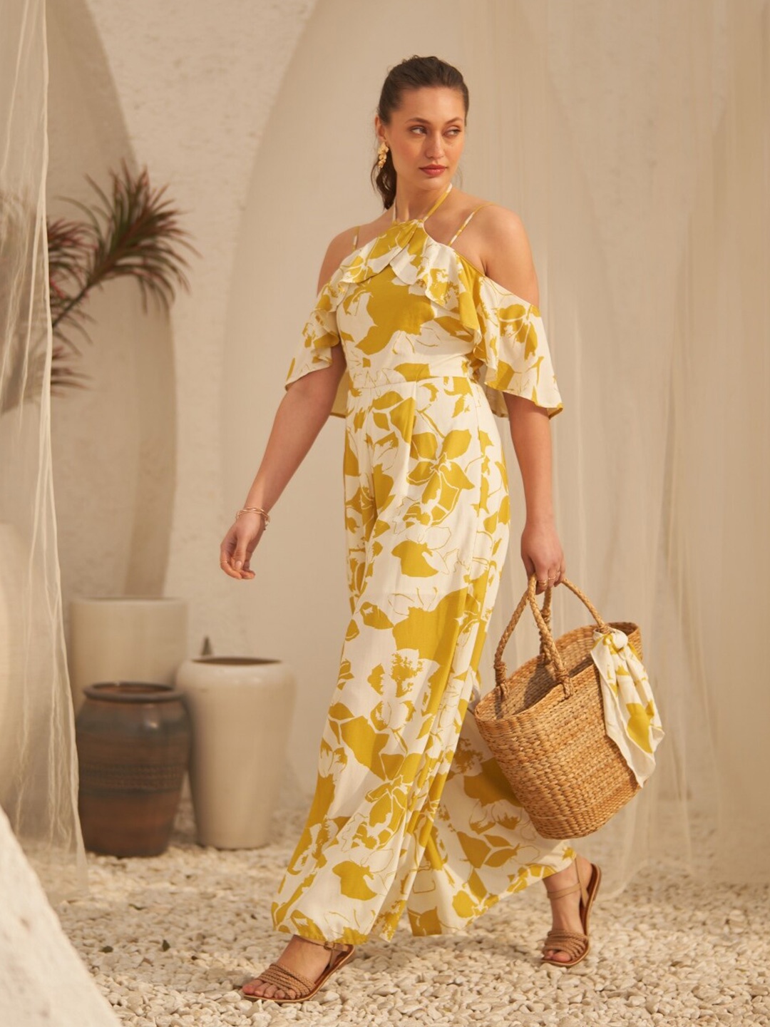 

Style Island Floral Printed Halter Neck Ruffles Basic Jumpsuit, Yellow