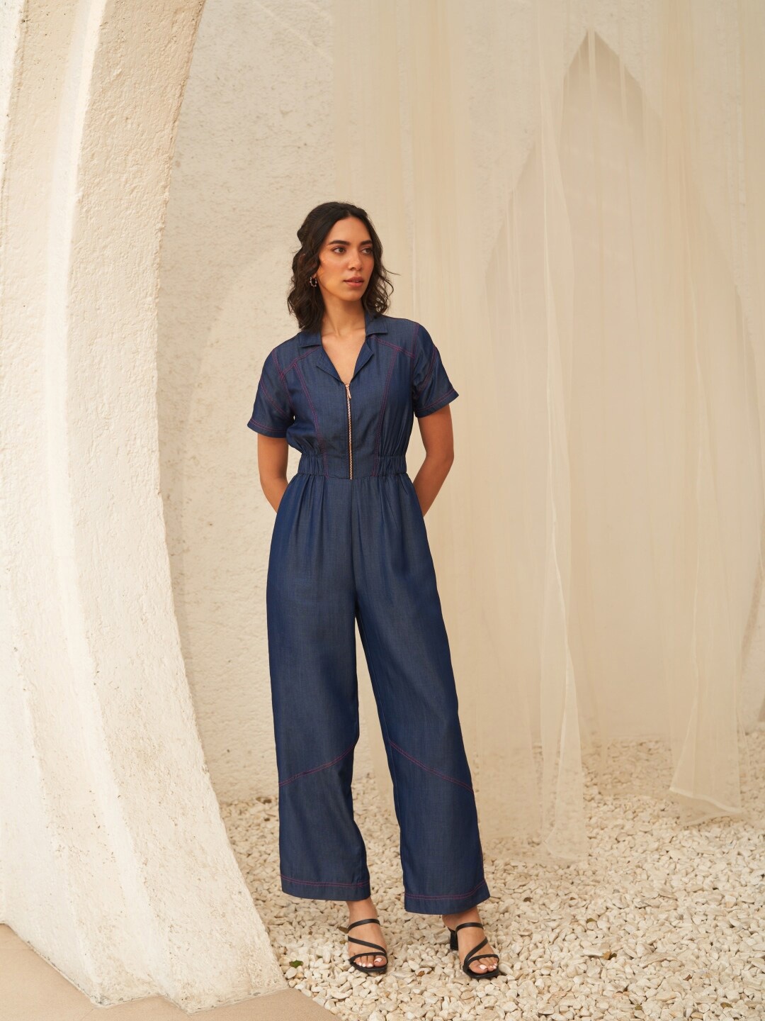 

Style Island Shirt Collar Cotton Basic Jumpsuit, Blue