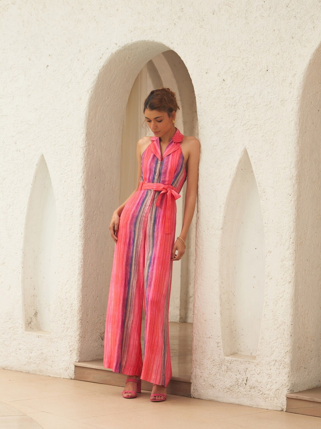 

Style Island Halter Neck Striped Sleeveless Basic Jumpsuit, Pink