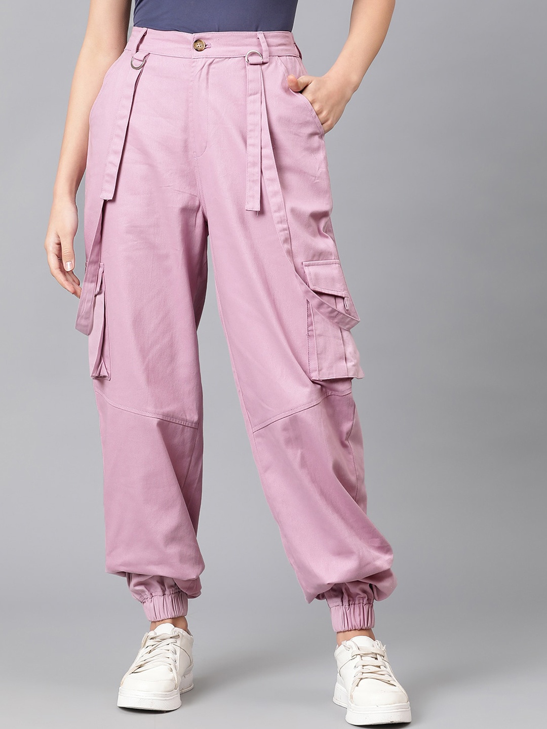 

CURVE BY KOTTY Women Relaxed High-Rise Easy Wash Cargos Trouser, Pink