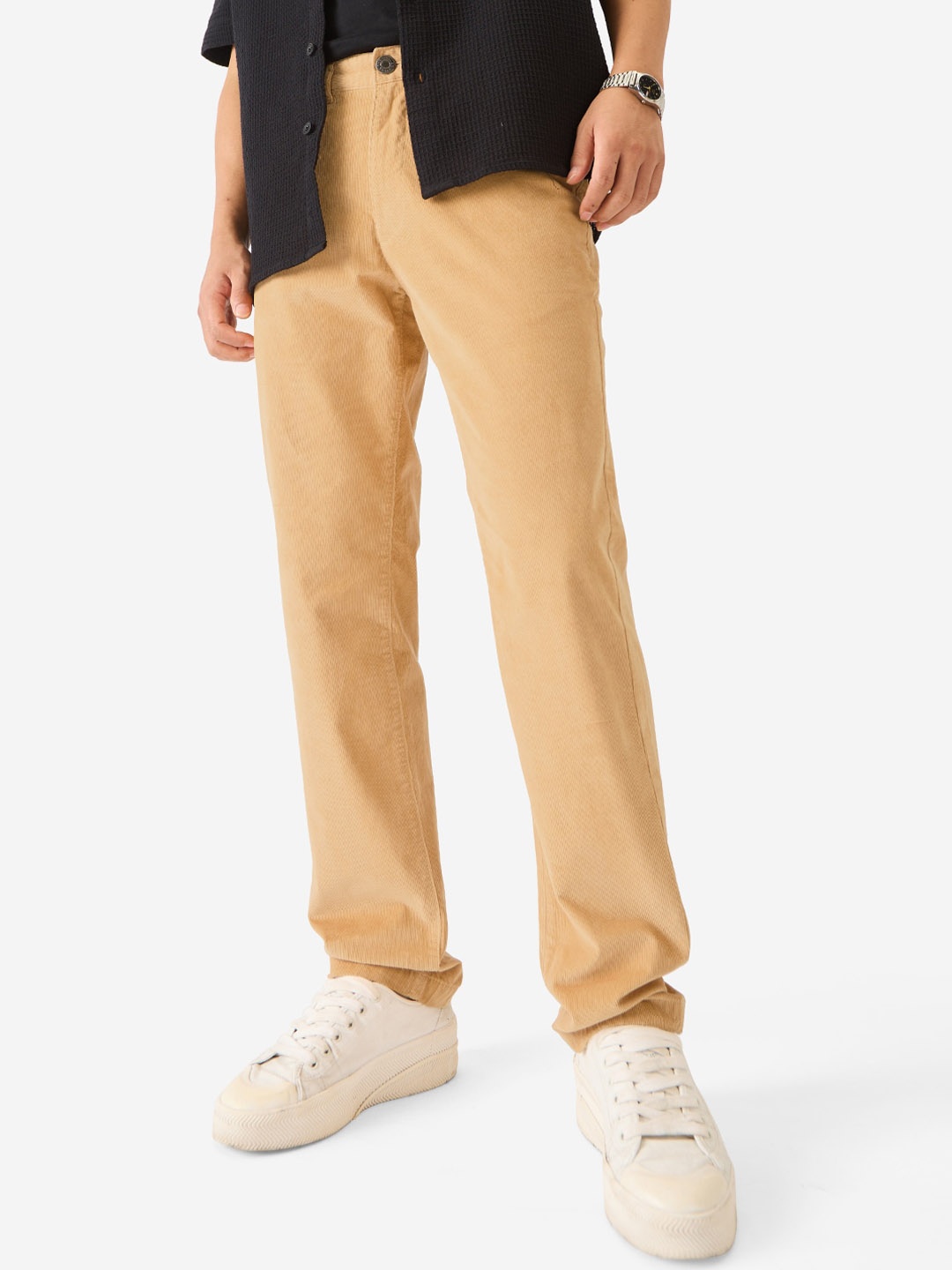 

The Souled Store Men Mid-Rise Flat-Front Zip Plain Cotton Chinos Trouser, Beige