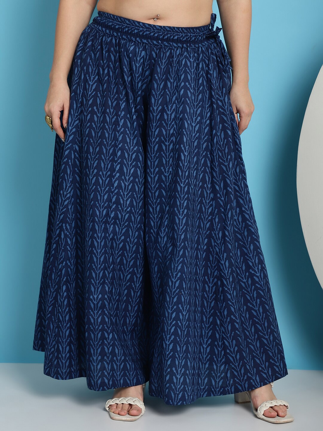 

TAG 7 PLUS Floral Printed Flared Pure Cotton Palazzo, Navy blue